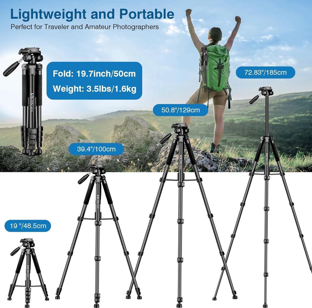Alt view image 2 of 7 - Tripod for Camera, 72" Tall Camera Tripod with Remote, Compact Camera Stand Tripod for Phone, Lightweight DSLR Tripod& Monopod, Professional Heavy Duty Tripod for Spotting Scope, Telescope, Binocular
