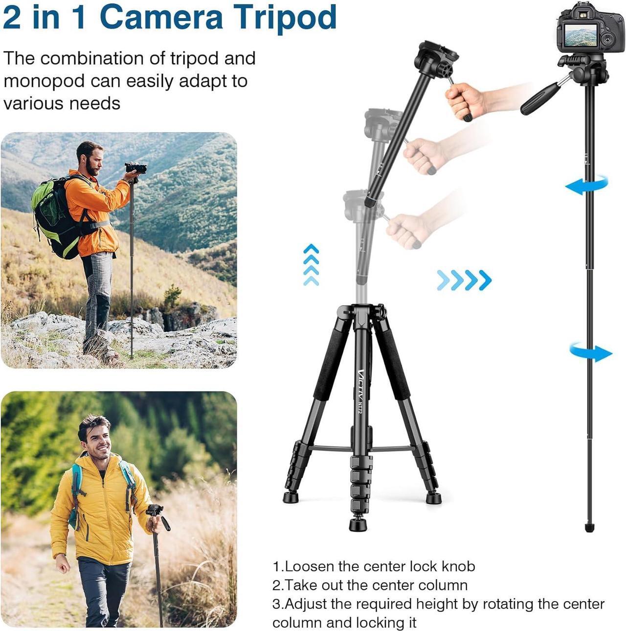 Alt view image 5 of 7 - Tripod for Camera, 72" Tall Camera Tripod with Remote, Compact Camera Stand Tripod for Phone, Lightweight DSLR Tripod& Monopod, Professional Heavy Duty Tripod for Spotting Scope, Telescope, Binocular