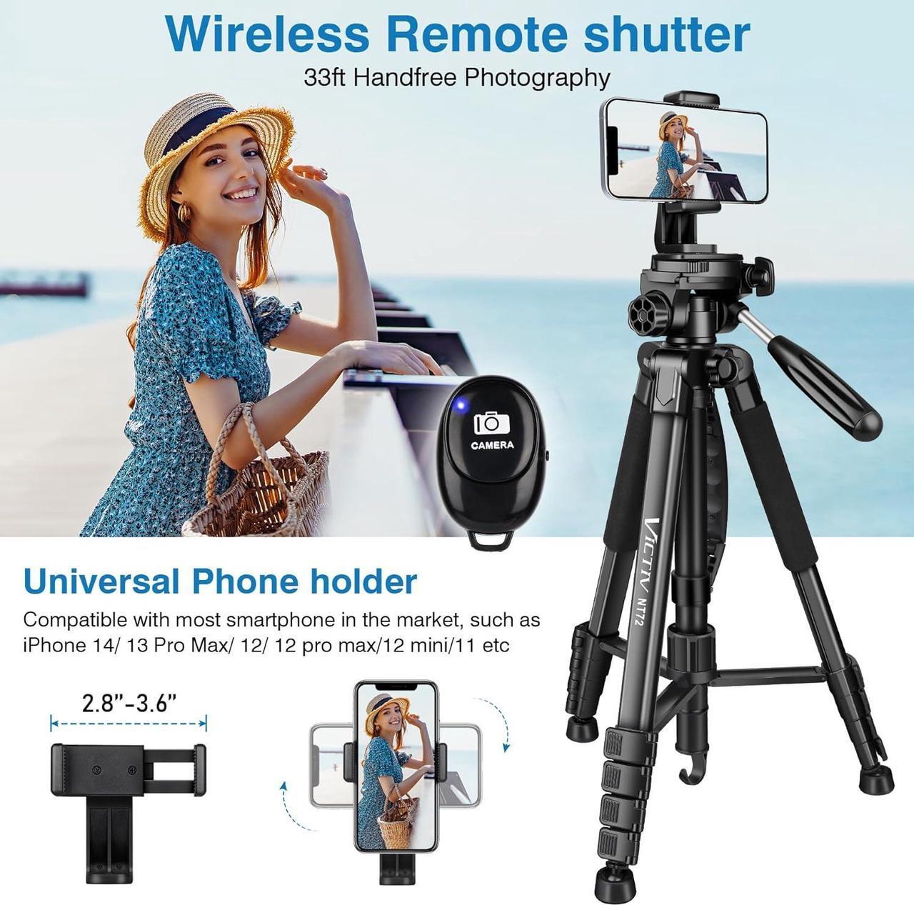 Alt view image 4 of 7 - Tripod for Camera, 72" Tall Camera Tripod with Remote, Compact Camera Stand Tripod for Phone, Lightweight DSLR Tripod& Monopod, Professional Heavy Duty Tripod for Spotting Scope, Telescope, Binocular