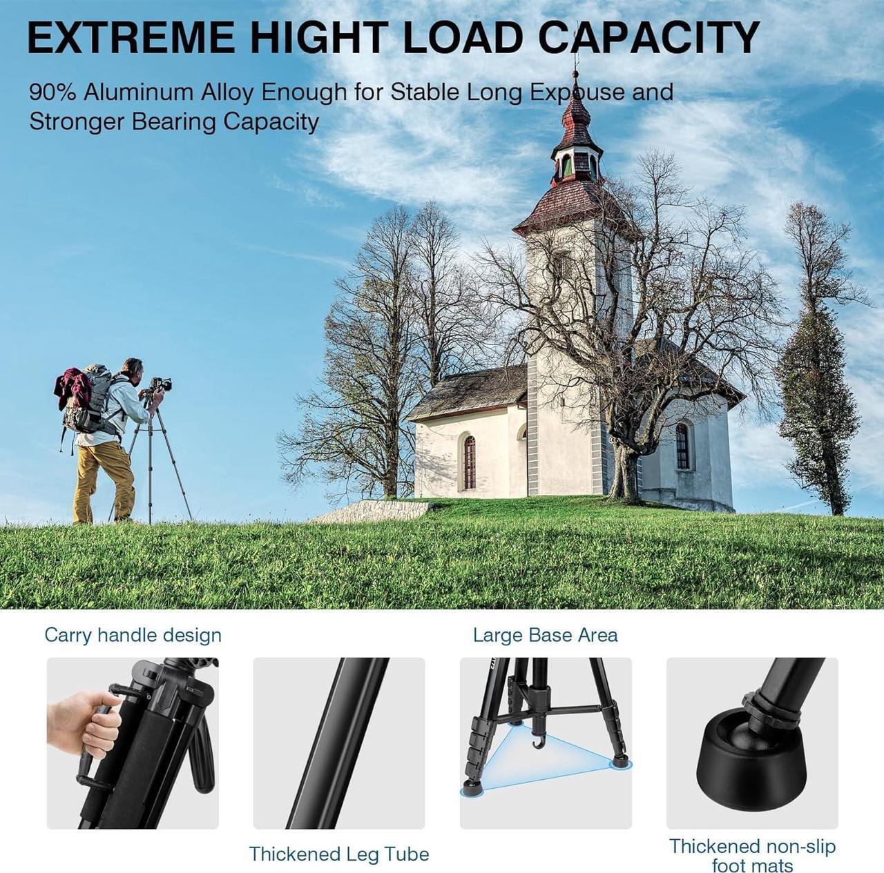Alt view image 6 of 7 - Tripod for Camera, 72" Tall Camera Tripod with Remote, Compact Camera Stand Tripod for Phone, Lightweight DSLR Tripod& Monopod, Professional Heavy Duty Tripod for Spotting Scope, Telescope, Binocular