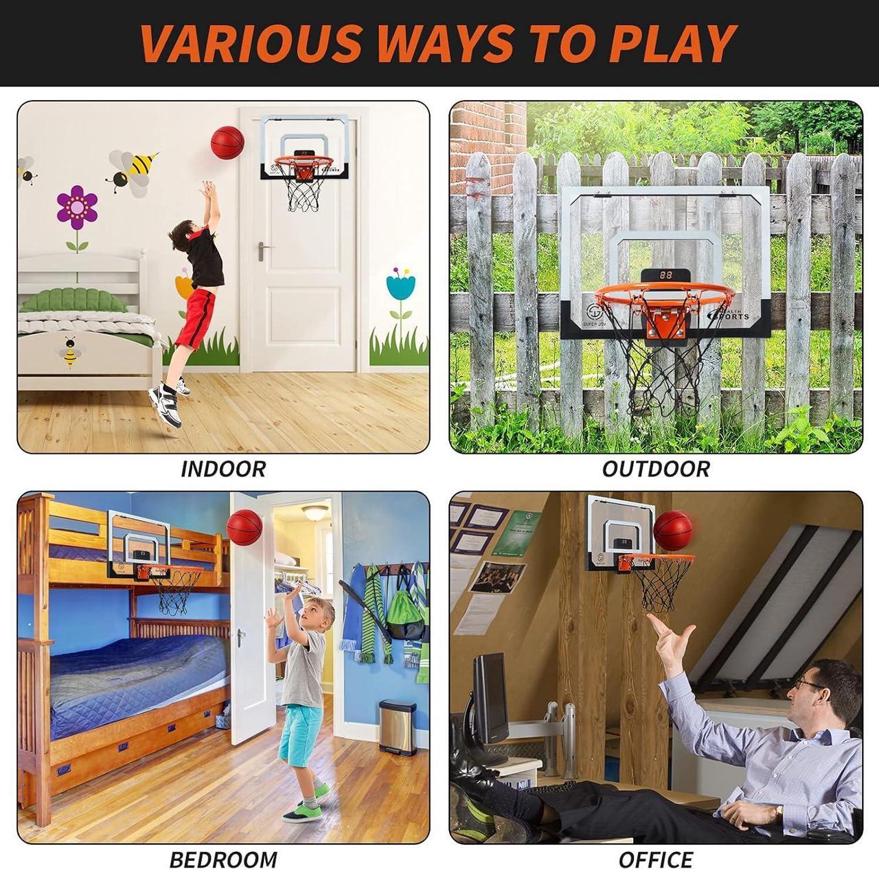 Alt view image 7 of 7 - AOKESI Indoor Basketball Hoop for Room with Electronic Scoreboard - 17" x 12.5" Mini Over The Door Basketball Toys Gift for 5 6 7 8 9 10 11 12 Year Old Boys, Men and Adults