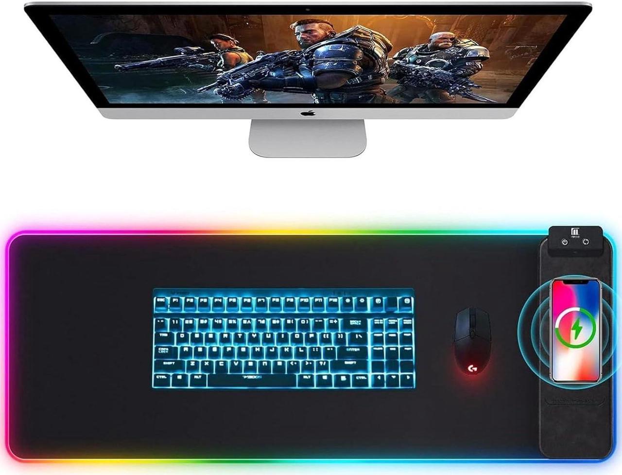 LED Mouse Pad, Gaming Mouse Pad with Wireless Charging, Large Desk Mat, 10 RGB Light Colors Mousepad Keyboard Pad with Non-Slip Rubber Base & Stitched Edges, Extended Waterproof Long Desk Pad