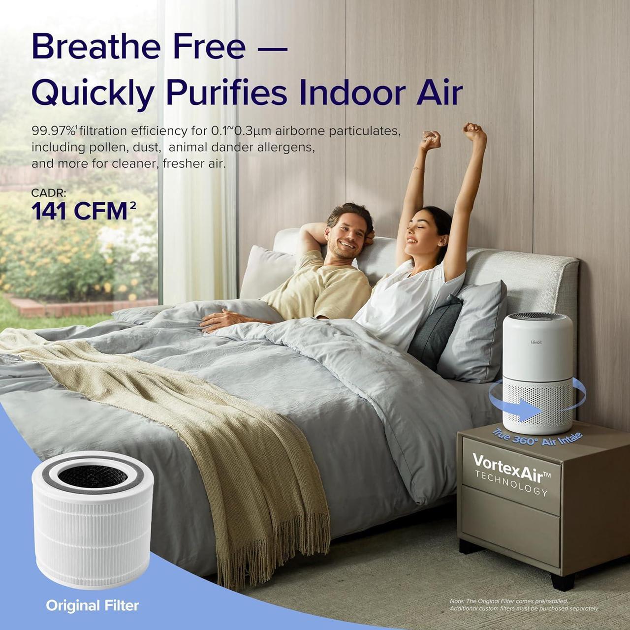 Alt view image 2 of 7 - LEVOIT Air Purifier for Home Allergies Pets Hair in Bedroom, Covers Up to 1095 ft² by 45W High Torque Motor, 3-in-1 Filter with HEPA sleep mode, Remove Dust Smoke Pollutants Odor, Core300-P, White