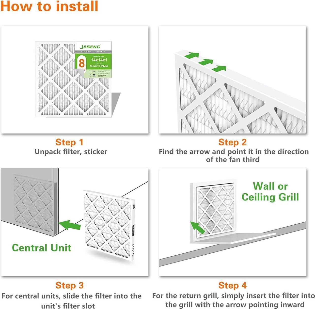 Alt view image 2 of 7 - 14x14x1 AC Furnace Air Filters, MERV 8 Dust Defense (4-Pack), JASENG MPR 600 Pleated HVAC Air Filter Replacement (exact dimensions: 13 3/4"x13 3/4"x3/4")