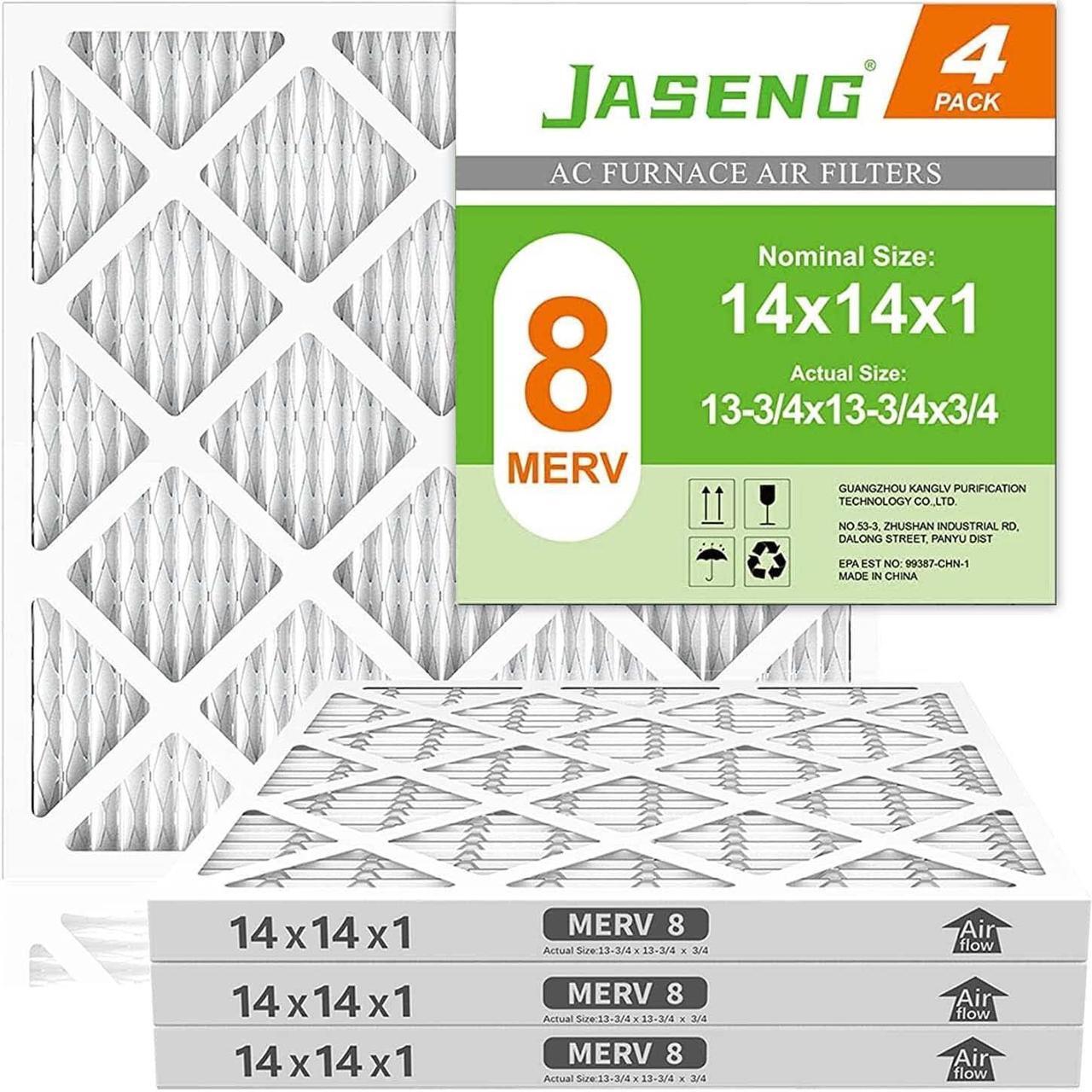 Main image of 14x14x1 AC Furnace Air Filters, MERV 8 Dust Defense (4-Pack), JASENG MPR 600 Pleated HVAC Air Filter Replacement (exact dimensions: 13 3/4"x13 3/4"x3/4")