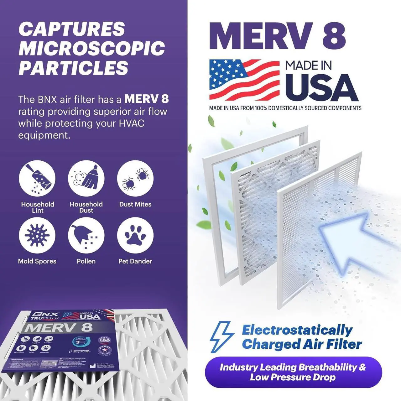 Alt view image 4 of 7 - BNX TruFilter 20x20x1 Air Filter MERV 8 (6-Pack) - MADE IN USA  Dust & Pet Defense Electrostatic Pleated Air Conditioner HVAC AC Furnace Filters for Dust, Pet, Mold, Pollen MPR 600  700 & FPR 5