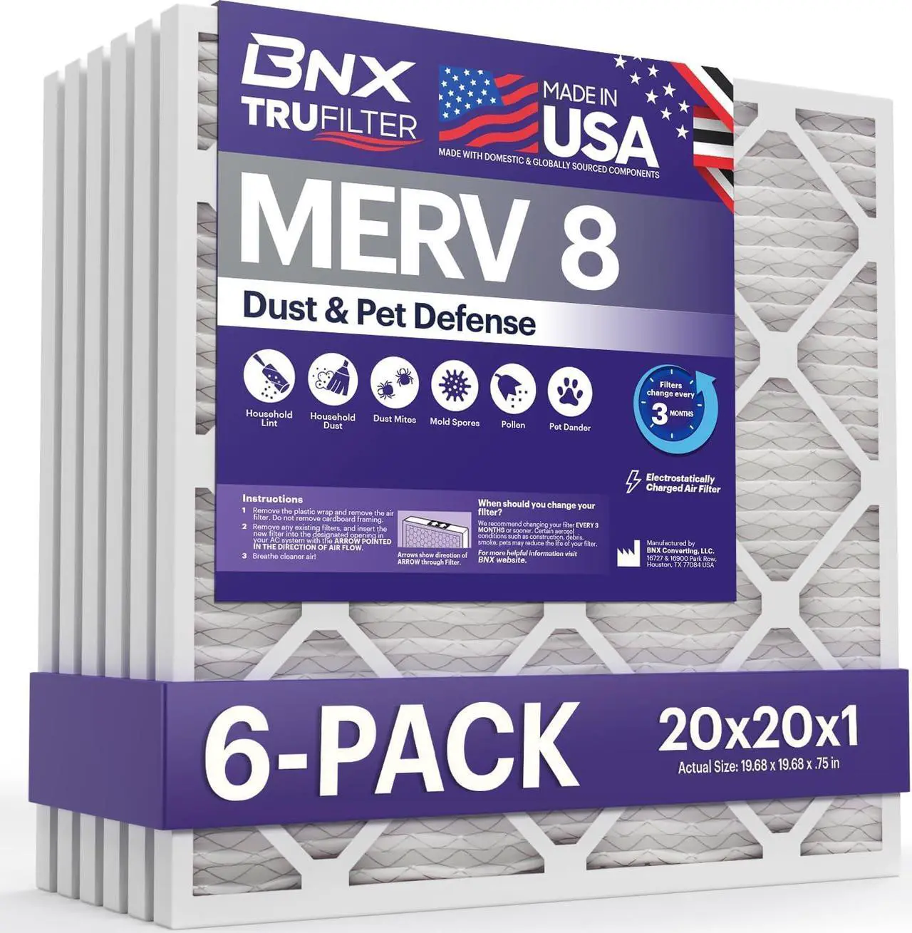 Main image of BNX TruFilter 20x20x1 Air Filter MERV 8 (6-Pack) - MADE IN USA  Dust & Pet Defense Electrostatic Pleated Air Conditioner HVAC AC Furnace Filters for Dust, Pet, Mold, Pollen MPR 600  700 & FPR 5