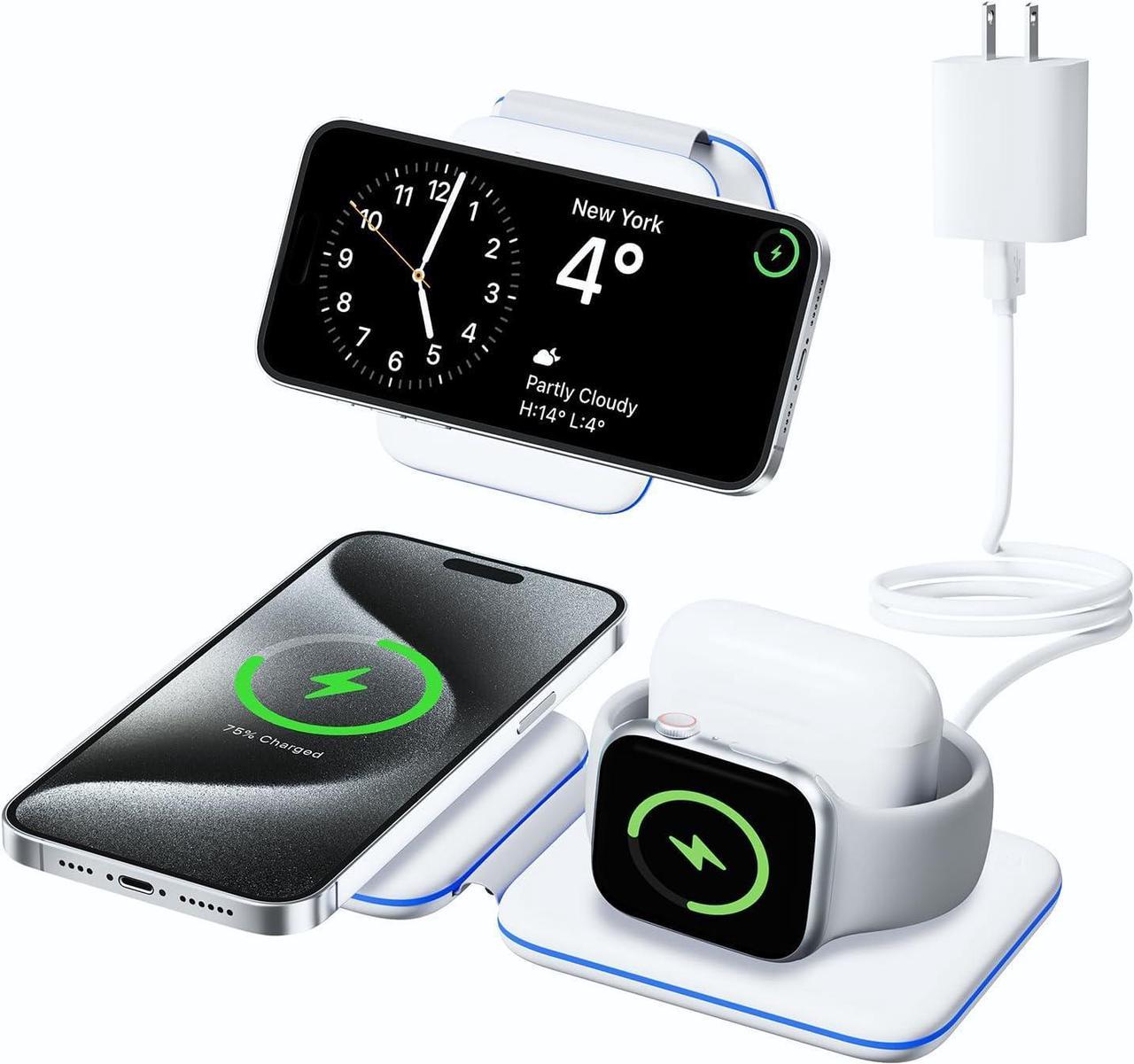 Charging Station for Apple Multiple Devices, 3 in 1 Magnetic Wireless Charger Dock for iPhone 15/14/13/12/Pro/Plus/Max, Travel Charger for Apple Watch 9/8/Ultra 2/7/6/SE/5/4/3 & AirPods 1/2/3/Pro