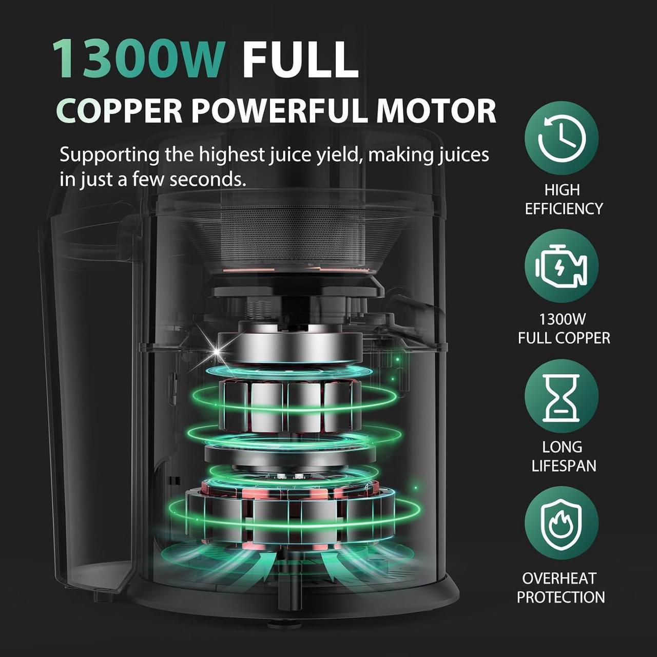 Alt view image 6 of 7 - 1300W KOIOS Centrifugal Juicer Machines, Juice Extractor with Extra Large 3inch Feed Chute, Full Copper Motor, Titanium-Plated Filter, High Juice Yield, 3 Speeds Mode,Easy to Clean with Brush,BPA-Free