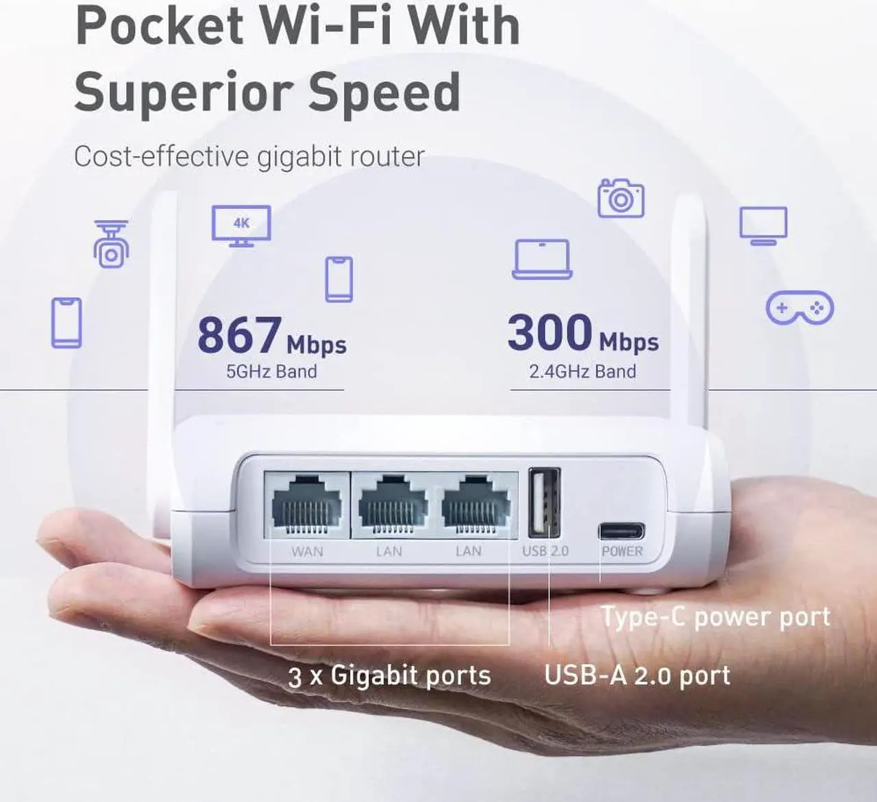 Alt view image 4 of 6 - GL.iNet GL-SFT1200 (Opal) Secure Travel WiFi Router  AC1200 Dual Band Gigabit Ethernet Wireless Internet | IPv6 USB 2.0 MU-MIMO DDR3 |128MB Ram Repeater Bridge Access Point Mode