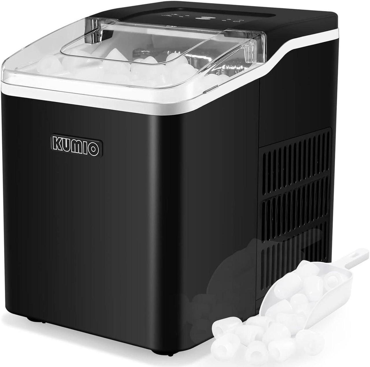 KUMIO Ice Makers Countertop, 9 Bullets Ready in 9 Mins, 26.5 Lbs/24 Hrs, Ice Machine with Self-Cleaning, Removable Ice Basket & Scoop, 2 Sizes of Bullet Ice for Kitchen Office Bar Party, Black