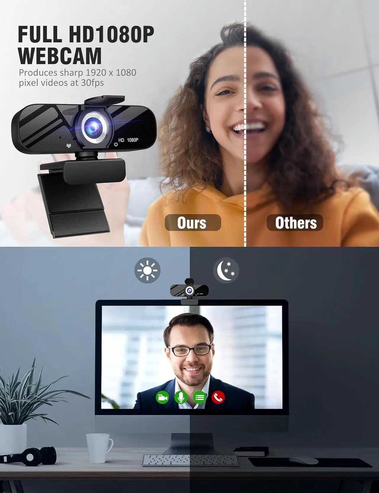 Alt view image 5 of 6 - Full HD 1080P Video Webcam and Wide Angle Camera with Built-in Microphone and Rotatable Tripod,for Laptop Computer or Desktop PC,Great for Live Streaming.(Webcam with Type C Cable)