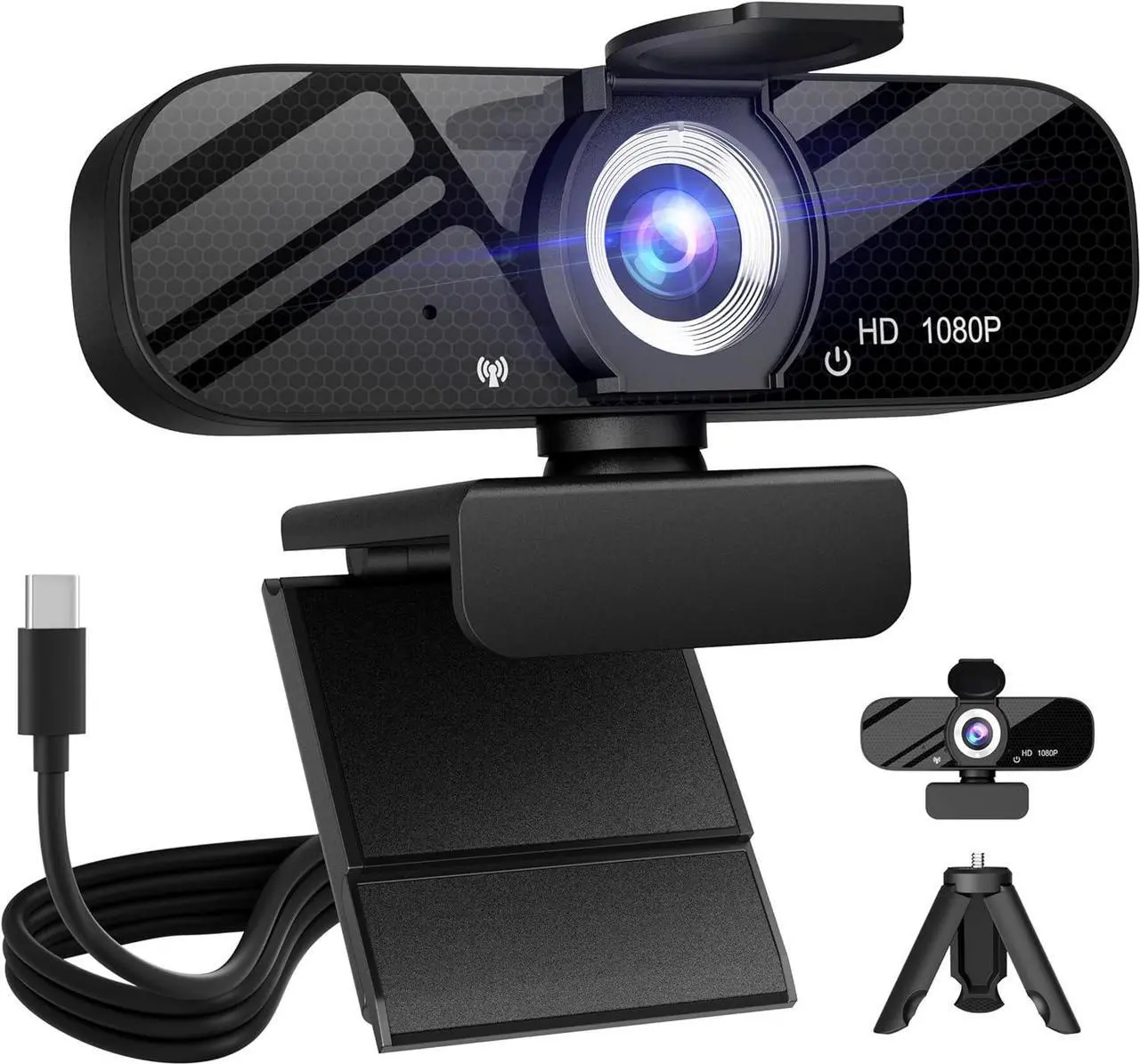 Main image of Full HD 1080P Video Webcam and Wide Angle Camera with Built-in Microphone and Rotatable Tripod,for Laptop Computer or Desktop PC,Great for Live Streaming.(Webcam with Type C Cable)