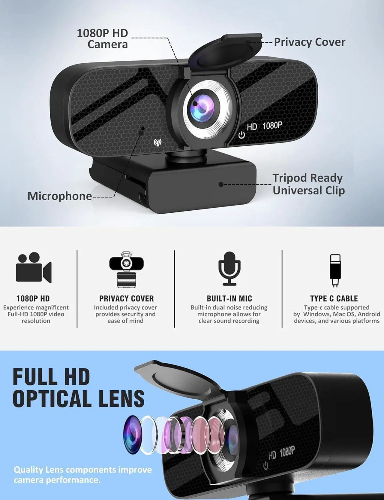 Alt view image 4 of 6 - Full HD 1080P Video Webcam and Wide Angle Camera with Built-in Microphone and Rotatable Tripod,for Laptop Computer or Desktop PC,Great for Live Streaming.(Webcam with Type C Cable)
