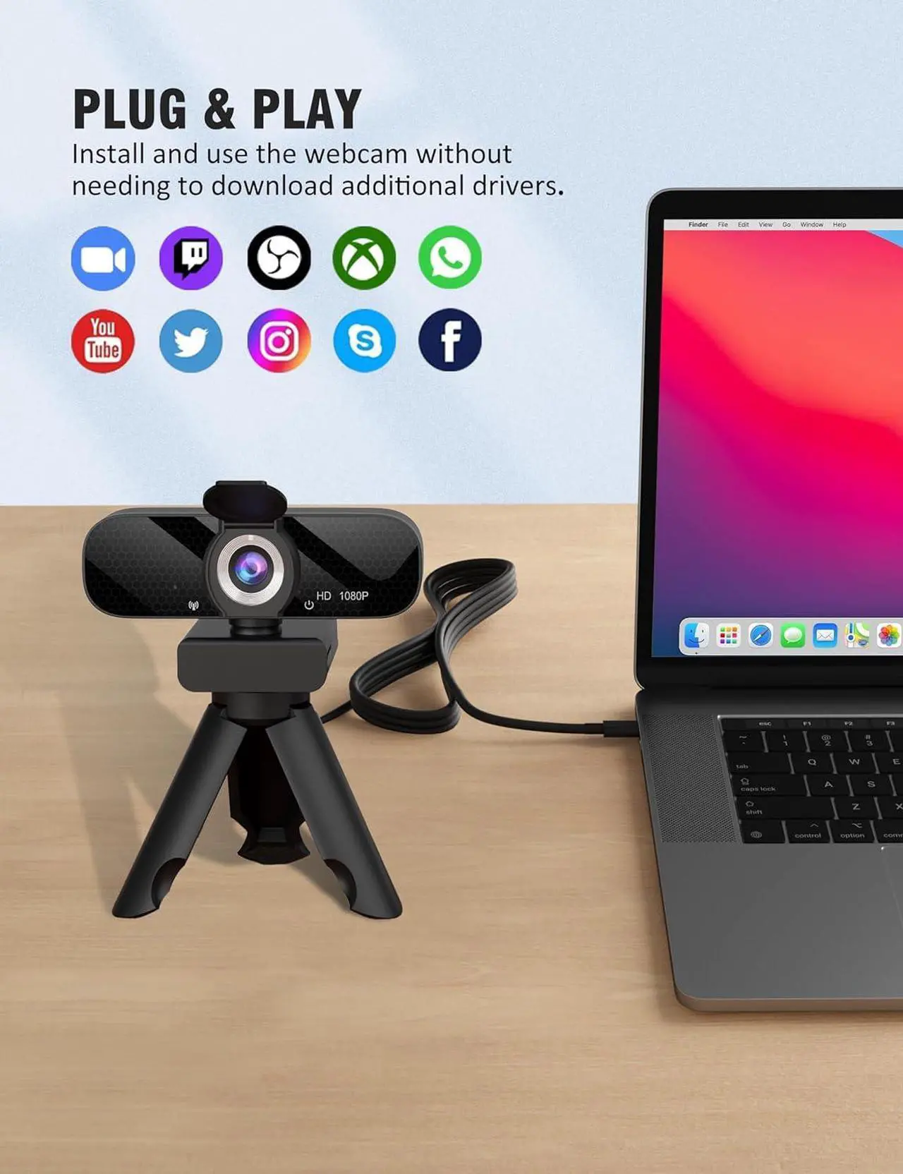 Alt view image 3 of 6 - Full HD 1080P Video Webcam and Wide Angle Camera with Built-in Microphone and Rotatable Tripod,for Laptop Computer or Desktop PC,Great for Live Streaming.(Webcam with Type C Cable)