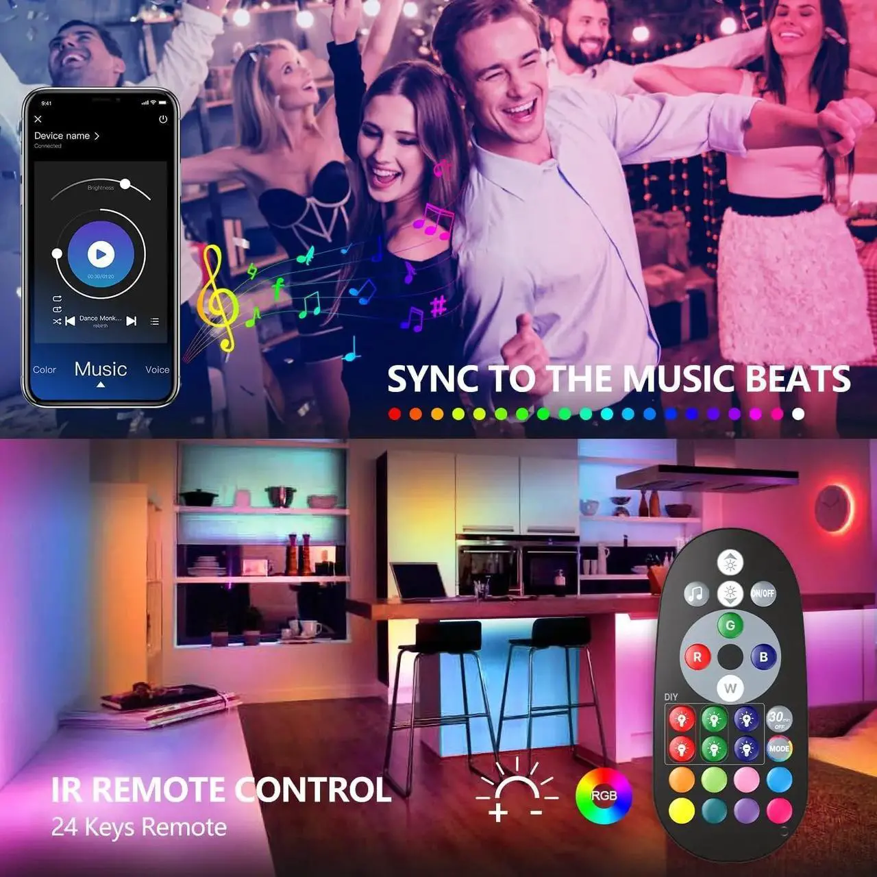 Alt view image 6 of 7 - 100 Ft LED Lights for Bedroom Music Sync Color Changing RGB LED Strip Rope Light General Remote, 5050 RGB LED Light Strips(App+Remote+Mic)