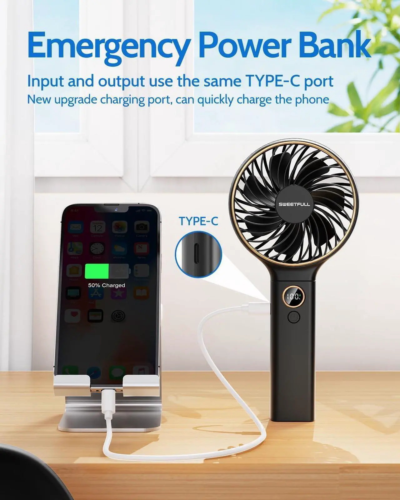 Alt view image 6 of 7 - SWEETFULL Handheld Fan, Portable Fan, 5000mAh Rechargeable Battery, 6 Speed Wind, LED Display, Personal Mini Travel Fan with Backup Power, Hand Held Fan USB Foldable Electric Fan for Women Girl