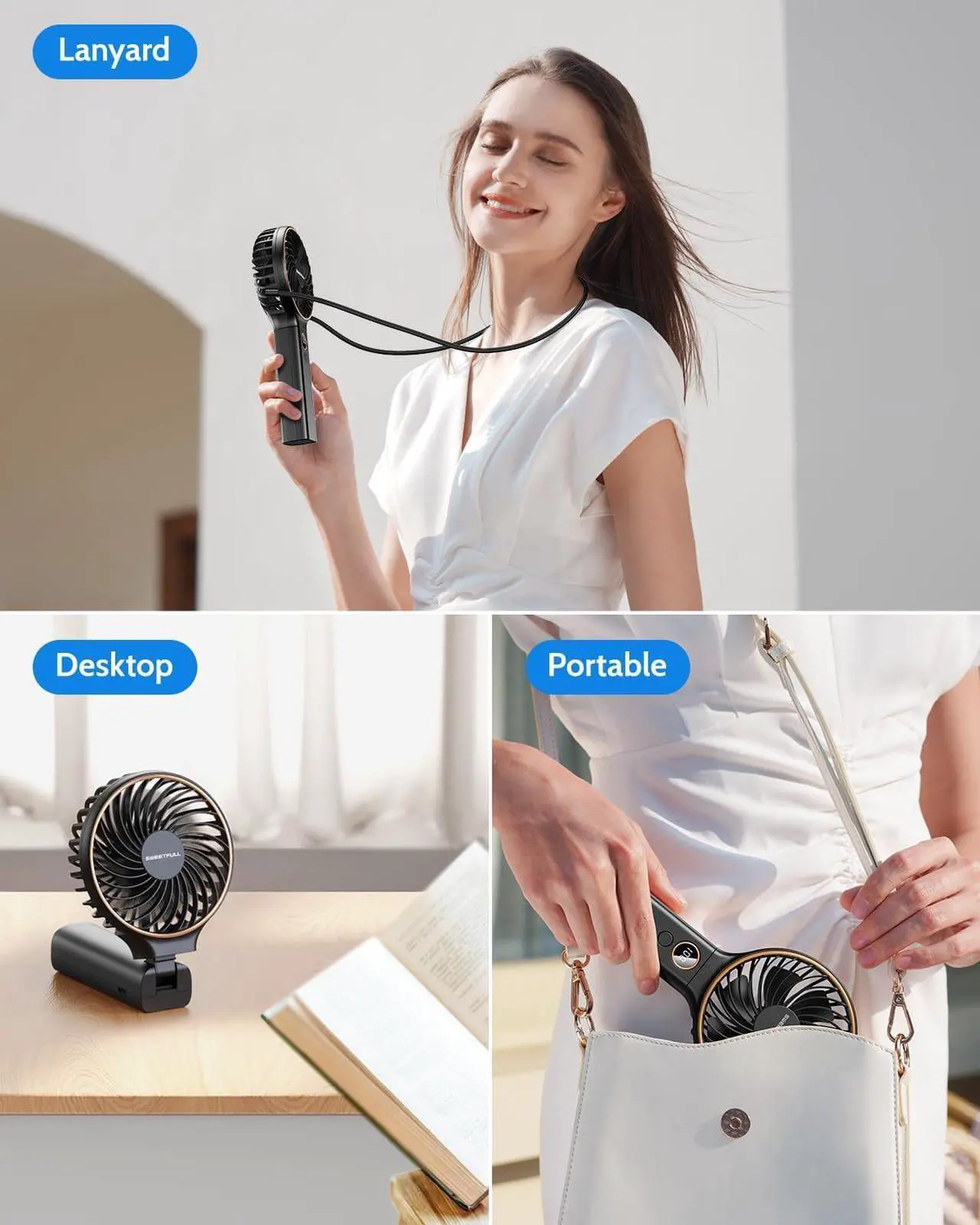 Alt view image 3 of 7 - SWEETFULL Handheld Fan, Portable Fan, 5000mAh Rechargeable Battery, 6 Speed Wind, LED Display, Personal Mini Travel Fan with Backup Power, Hand Held Fan USB Foldable Electric Fan for Women Girl