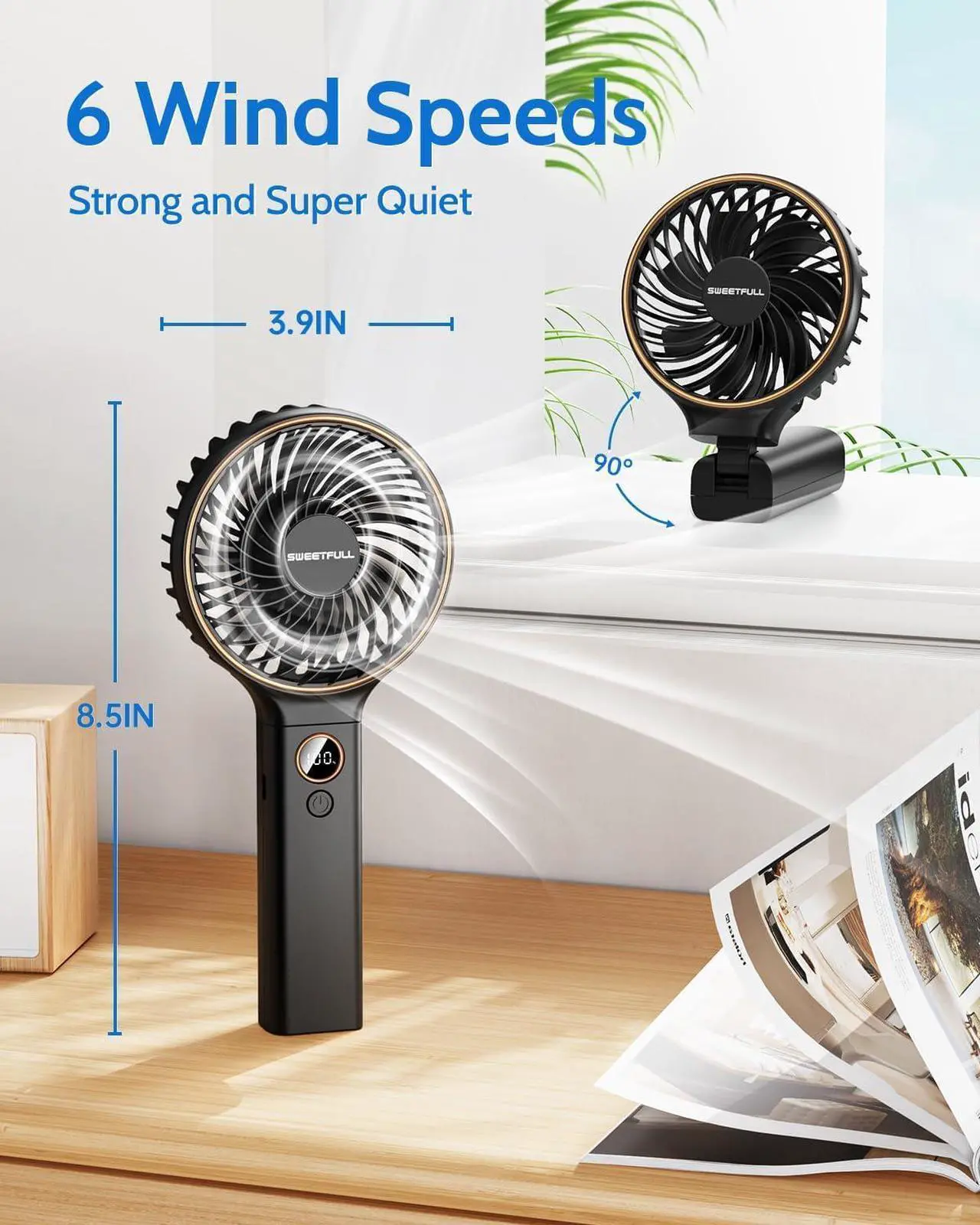Alt view image 5 of 7 - SWEETFULL Handheld Fan, Portable Fan, 5000mAh Rechargeable Battery, 6 Speed Wind, LED Display, Personal Mini Travel Fan with Backup Power, Hand Held Fan USB Foldable Electric Fan for Women Girl