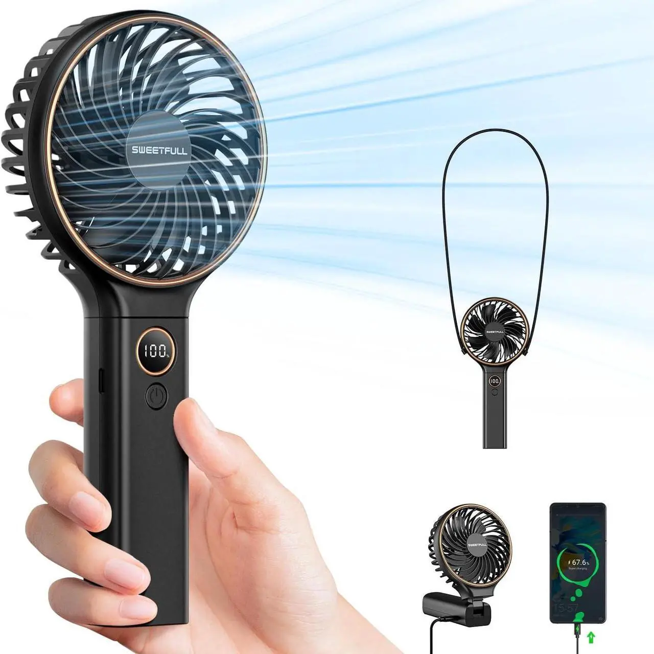 Main image of SWEETFULL Handheld Fan, Portable Fan, 5000mAh Rechargeable Battery, 6 Speed Wind, LED Display, Personal Mini Travel Fan with Backup Power, Hand Held Fan USB Foldable Electric Fan for Women Girl