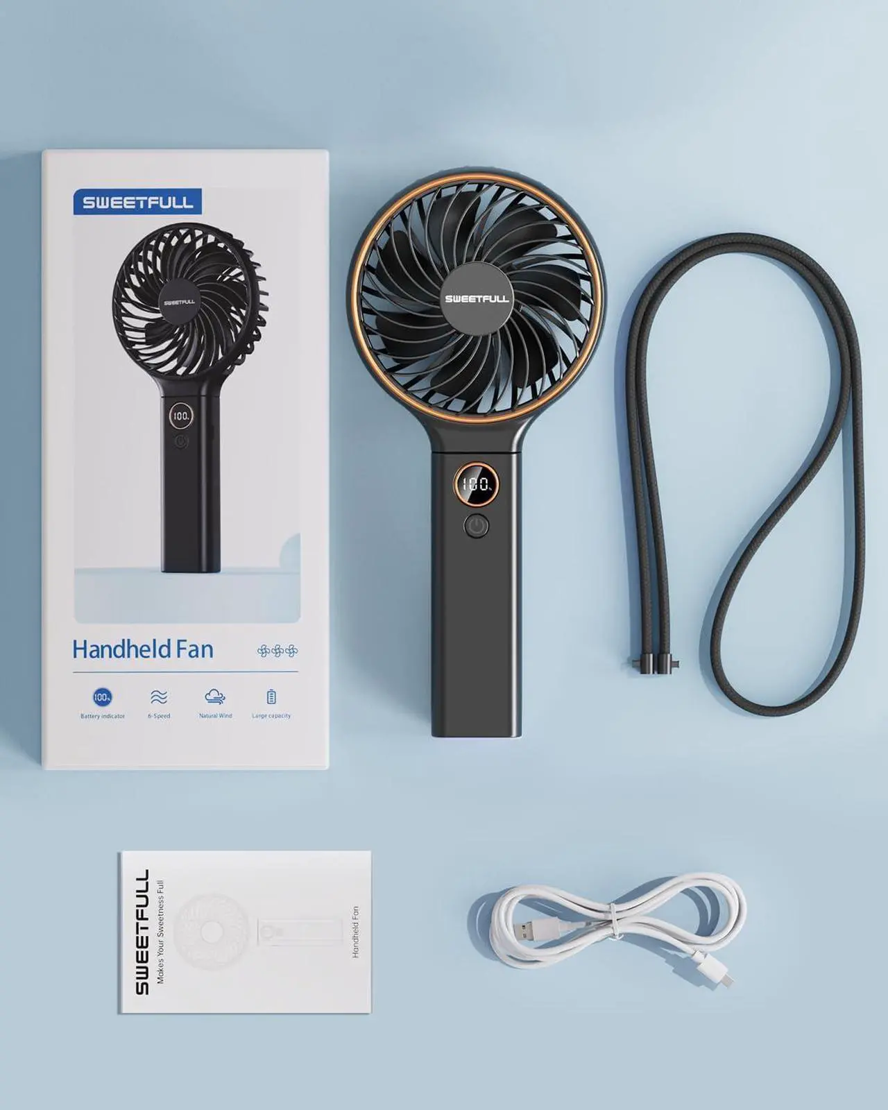 Alt view image 7 of 7 - SWEETFULL Handheld Fan, Portable Fan, 5000mAh Rechargeable Battery, 6 Speed Wind, LED Display, Personal Mini Travel Fan with Backup Power, Hand Held Fan USB Foldable Electric Fan for Women Girl