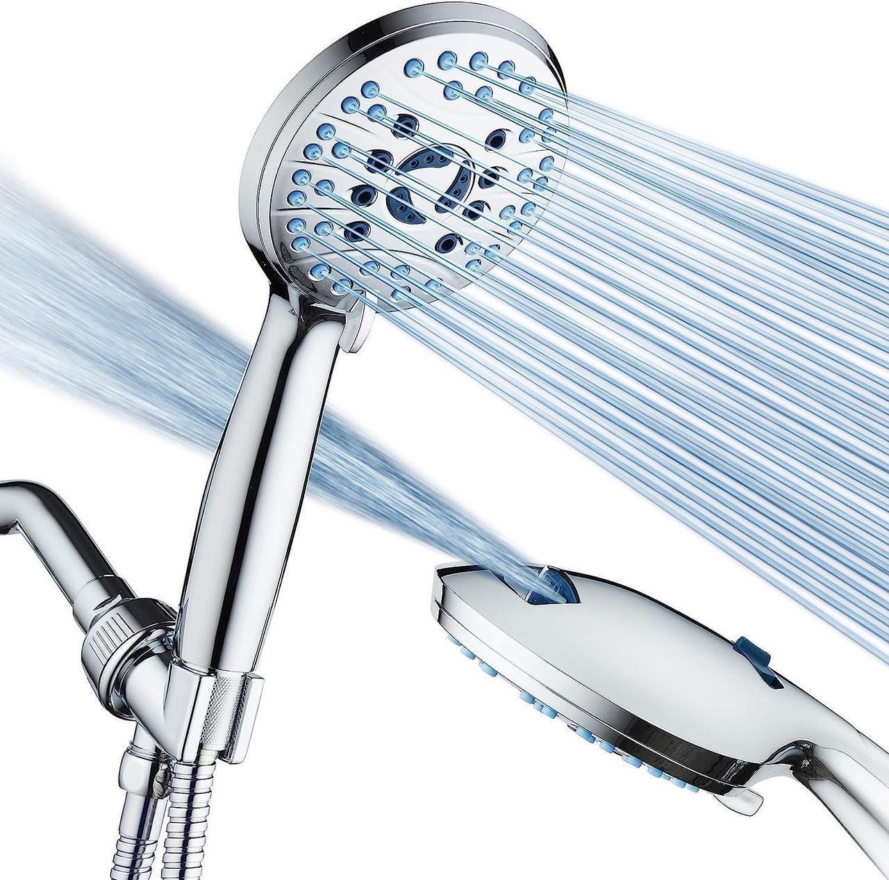 AquaCare High Pressure 8-mode Handheld Shower Head - Anti-clog Nozzles, Built-in Power Wash to Clean Tub, Tile & Pets, Extra Long 6 ft. Stainless Steel Hose, Wall & Overhead Brackets