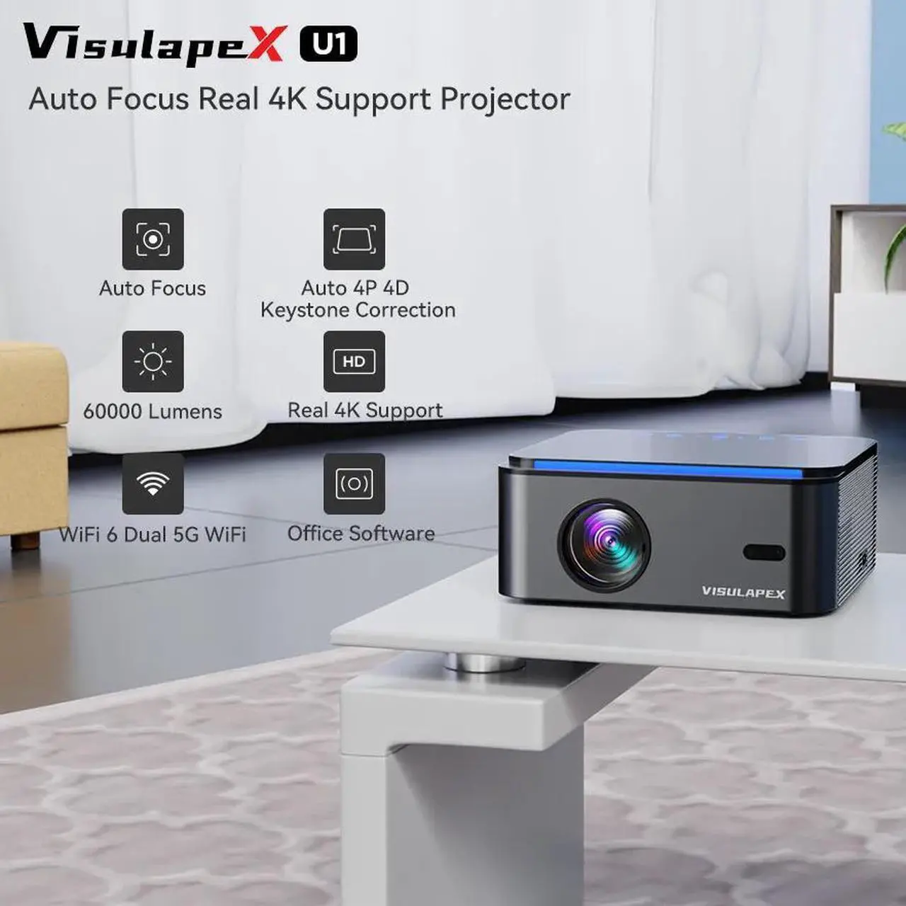 Alt view image 6 of 7 - Real 4K Projector 60000LMS 3D 5G WiFi Auto Focus Video Home Theater 300" Display