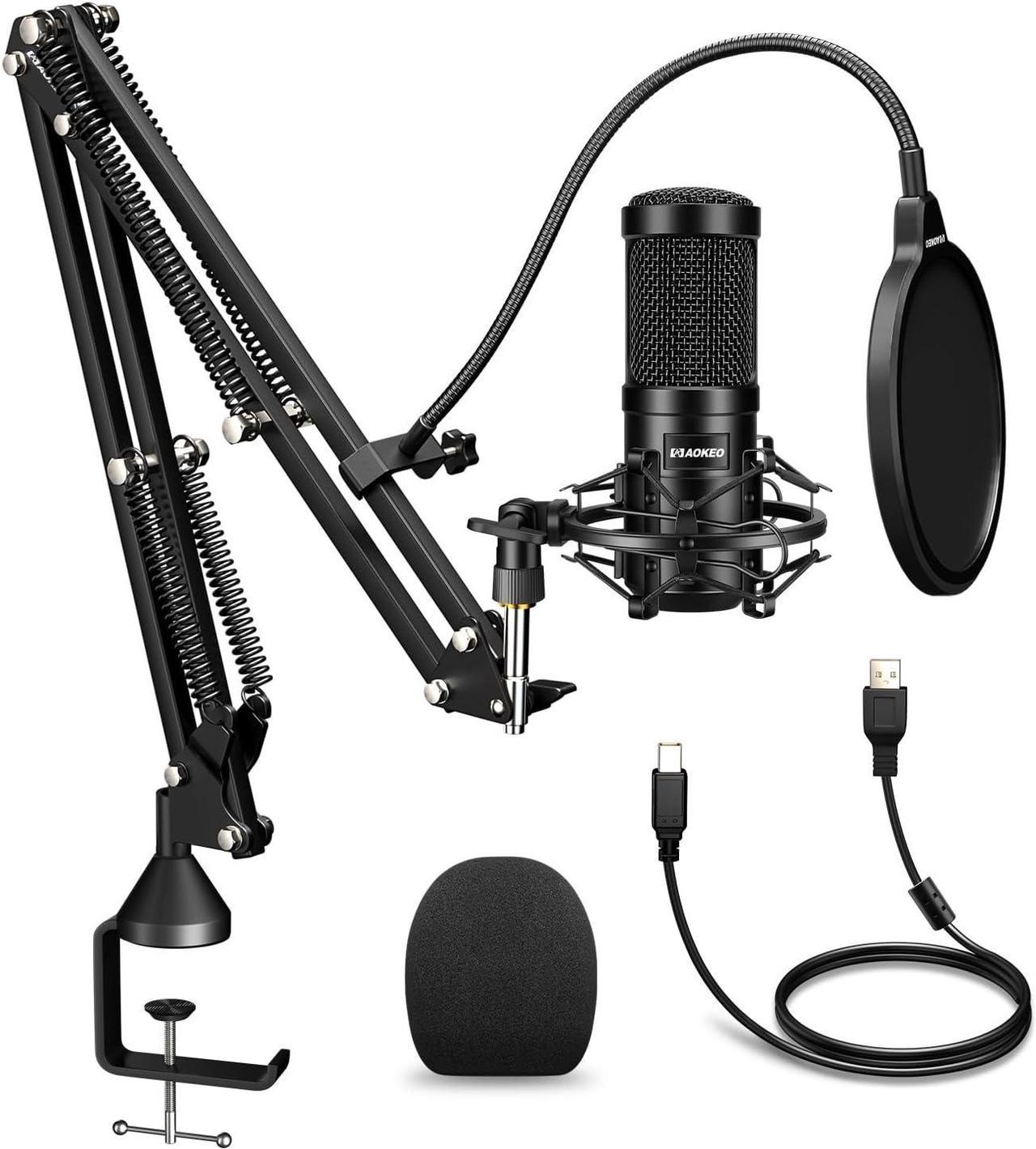 Aokeo USB Condenser Microphone,192kHZ/24bit Professional PC Streaming Podcast Cardioid Microphone Kit with Boom Arm,Shock Mount,Pop Filter,for Recording,Gaming,YouTube,Meeting,Discord