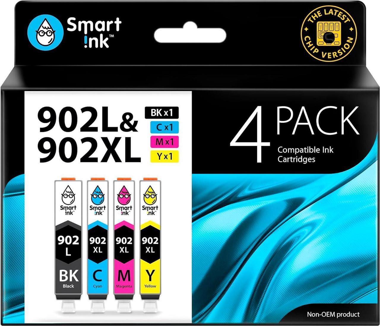 Smart Ink Compatible Ink Cartridge Replacement for HP 902 XL 902XL (Black L, C/M/Y, 4 Pack) Advanced Chip Technology to use with Officejet 6951 6954 6956 6958 6962 Officejet Pro 6968 6974 6975 6978