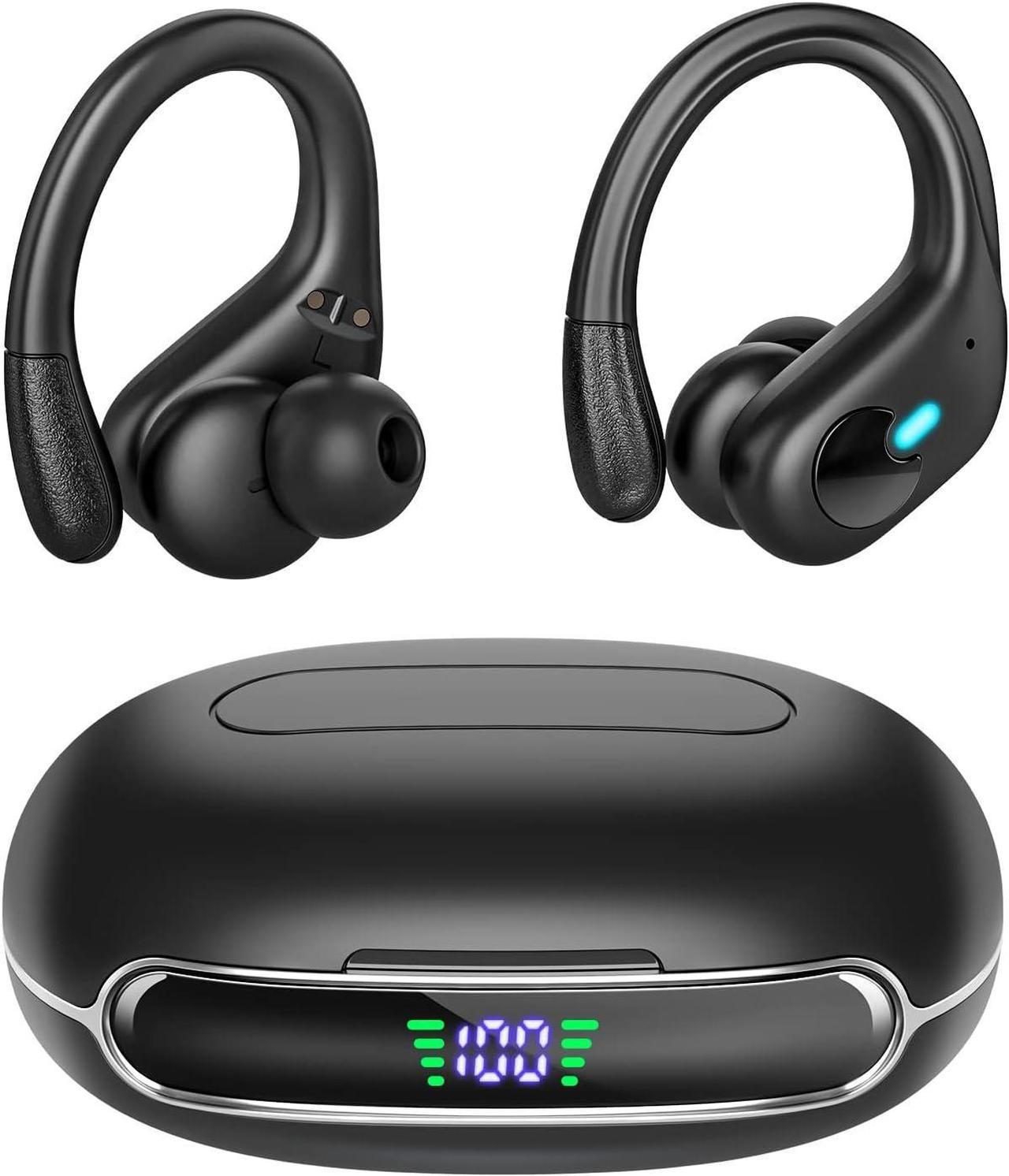 Wireless Earbuds Bluetooth Headphones 80Hrs Playback with LED Diaplay Wireless Charging Case Noise Cancelling Ear Buds with Earhooks, IPX7 Waterproof Over Ear Earphones for Sports Running Workout