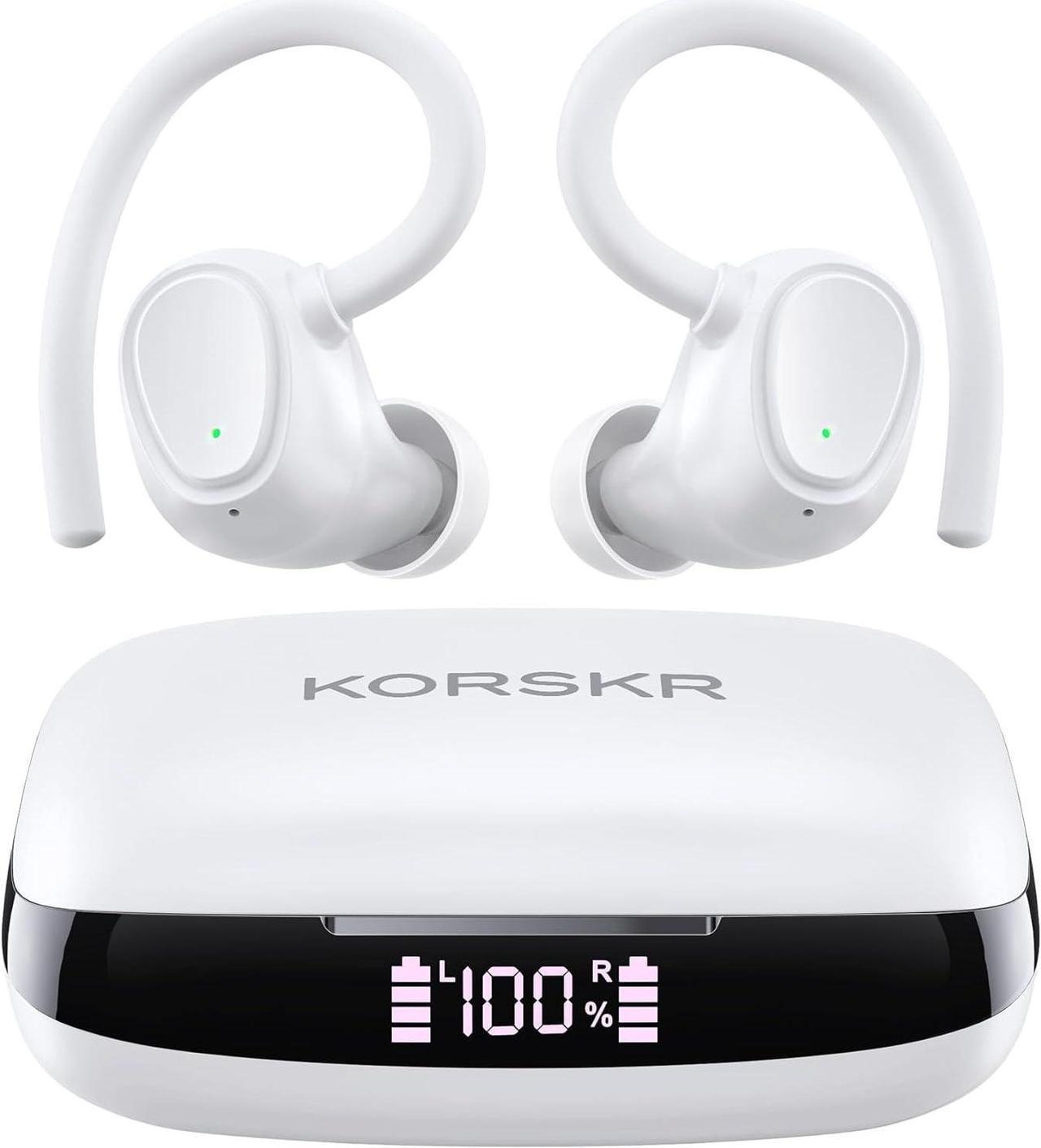 KORSKR Wireless Earbuds Bluetooth 5.3 Ear Buds 42Hrs Playtime Bluetooth Headphones with Charging Case Stereo Bass Over-Ear Earphones with Earhooks Built-in Mic Waterproof Headset for Sports White