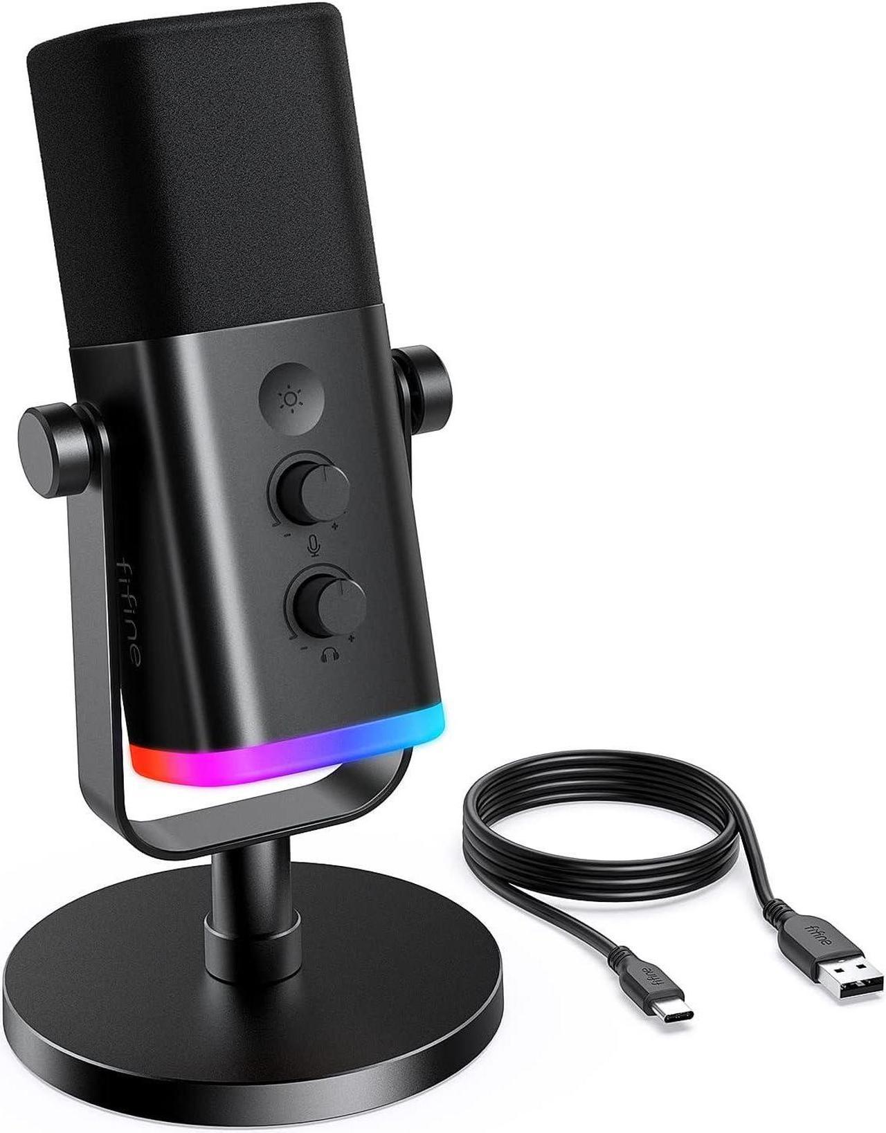 Fifine XLR/USB Dynamic Podcasting Microphone, Gaming Studio Computer PC Mic with RGB, Mute Button, Headphones Jack, Desktop Stand, for Streaming Recording Vocal VoiceOver YouTube Singing-AM8