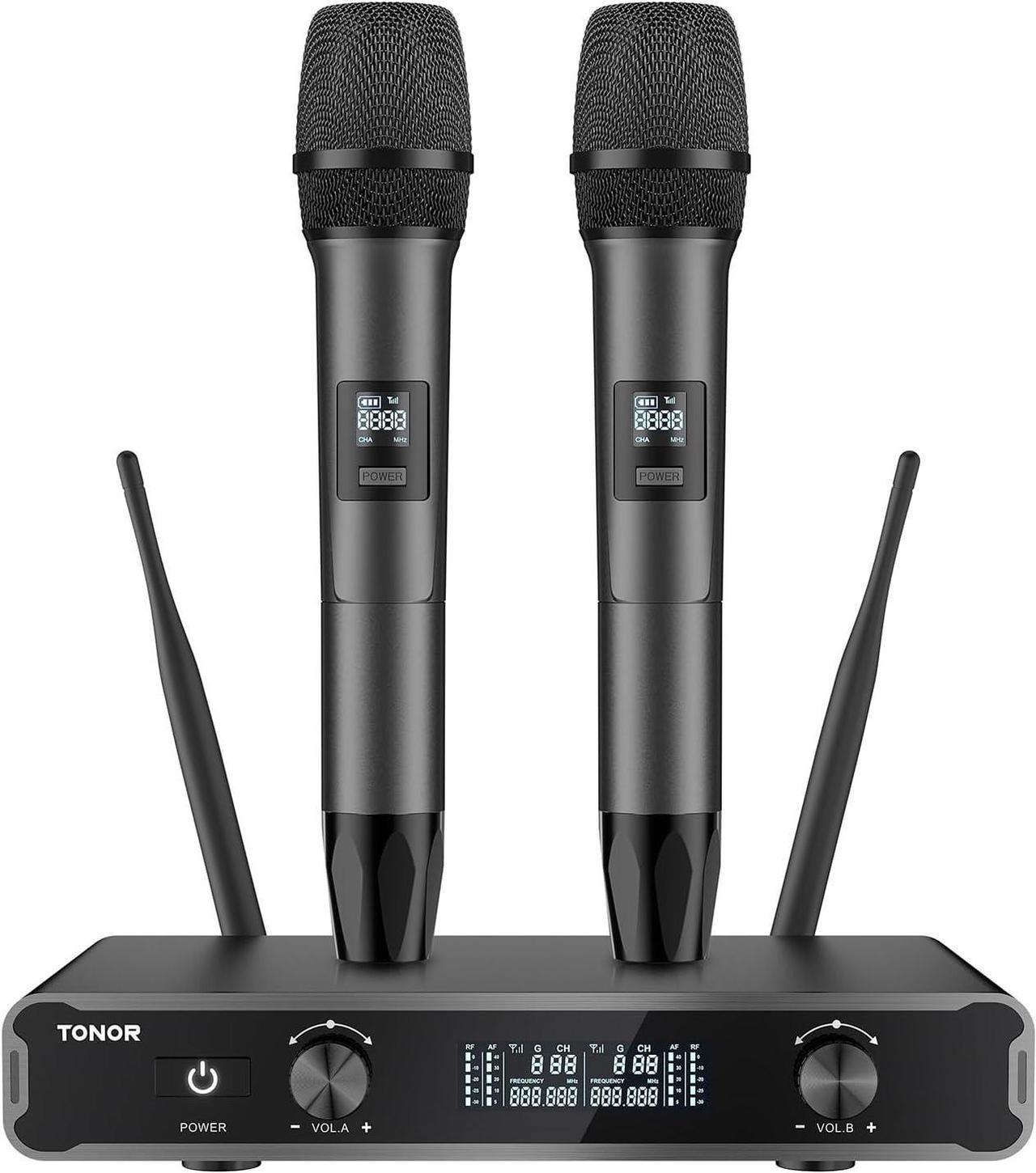 Dual Wireless Microphone Systems, TONOR UHF Cordless Karaoke Microfono Set, Metal Handheld Dynamic Mic 200ft for Singing with Receiver for Karaoke, DJ Party, Church, Wedding, Speech, PA TW450 Grey