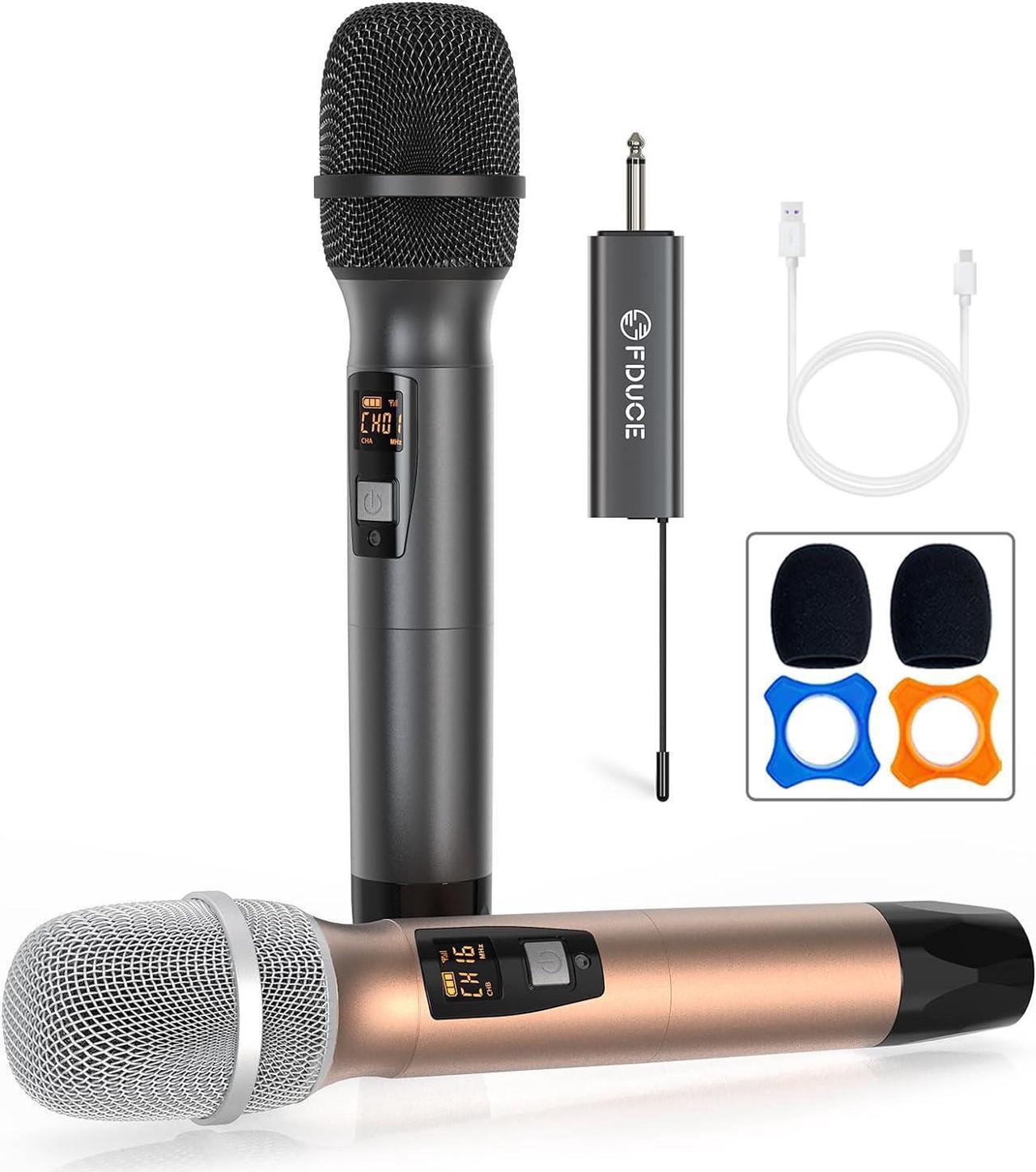 FDUCE Wireless Microphone, Karaoke Mic, UHF Dual Handheld Dynamic System with Rechargeable Receiver for Party, Church, Meeting, Wedding, 260ft (Grey and Gold)