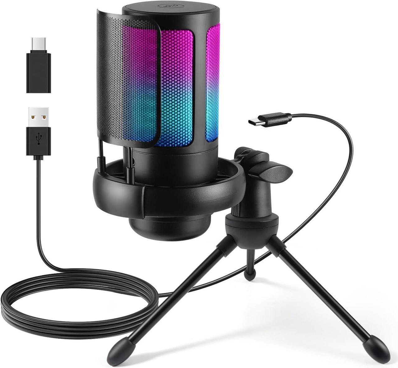 FerBuee USB PC Gaming Microphone with RGB Light. Condenser Microphone with Volume Control, Mute Button, Tripod Stand. 3.5mm Headphone Jack. Compatible with Windows, Mac OS, Smartphones (Black)