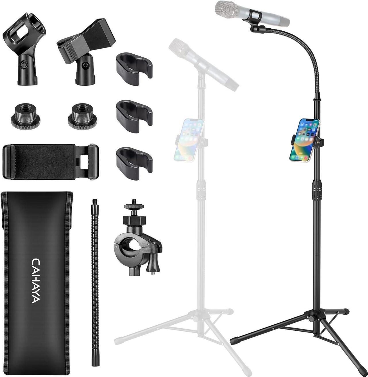 CAHAYA 2 in 1 Microphone Stand Foldable Tripod Gooseneck Mic Stands with 2 Mic Clip Holders for Performance Singing Speech Wedding Stage and Outdoor (CY0312)