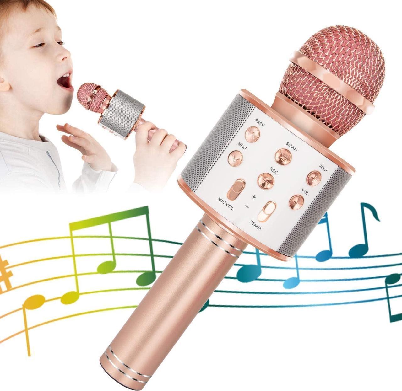 Wireless Bluetooth Karaoke Microphone for Kids, 5-in-1 Portable Handheld Karaoke Mic Speaker Player Recorder with Adjustable Remix FM Radio for Kids Girls Boys Teens Birthday