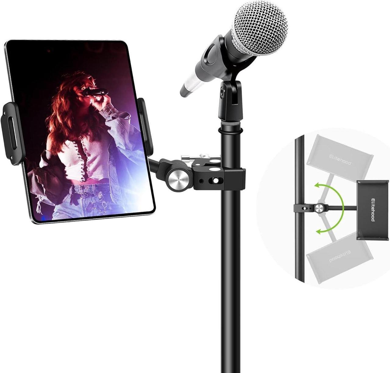 elitehood 2023 Newest Aluminum iPad Holder for Mic Stand, Side Mount iPad Music Stand Holder for Microphone, 360° Adjustable Mic Stand Tablet Holder for iPad, iPhone and More 4-13in Tablet