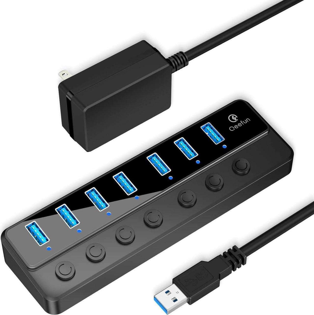 Qeefun Powered USB 3.0 Hub, 7-Ports USB Date Hub, 12V/2A 24W Power Adapter USB Extension Splitter and Individual LED Power Switches Supports MacBook, PC, HDD, SSD, Flash Drive, Mobile and More