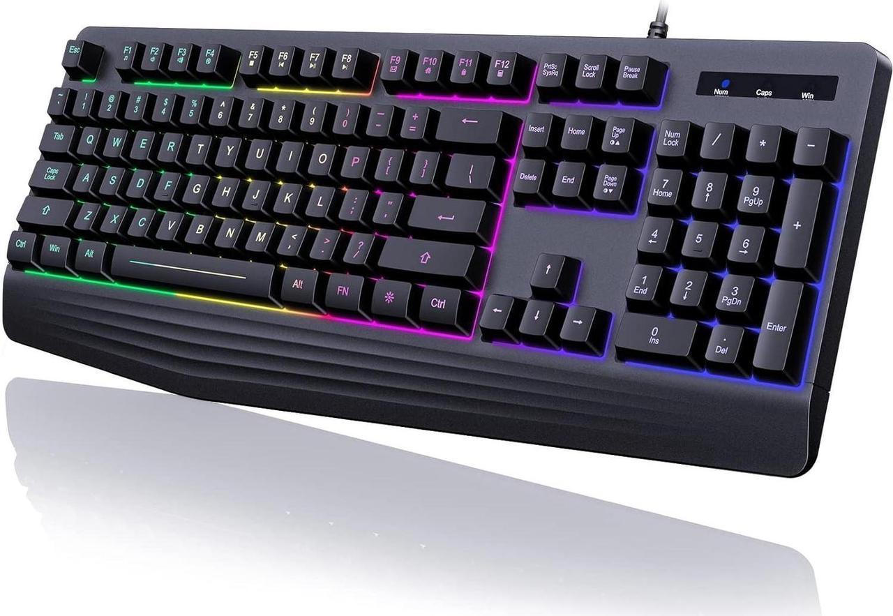 Gaming Keyboard, 7-Color Rainbow LED Backlit, 104 Keys Quiet Light Up Keyboard with Wrist Rest, Multimedia Keys, Whisper Silent, 19 Anti-ghosting Keys, Waterproof Office Wired Keyboard for PC Mac Xbox