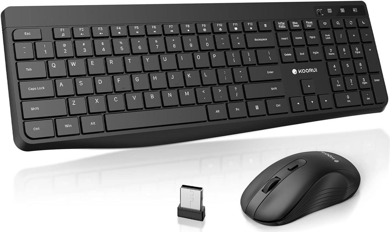 KOORUI Wireless Keyboard and Mouse Combos, 2.4G USB Silent Keystrokes Full Size Keyboard 3DPI Mouse for Windows MacOS Linux, 12 Multimedia and Shortcut Keys for Desktop Computer/Laptop/PC(Black)