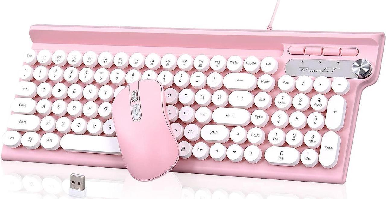 Wired Pink Keyboard and Mouse Combo, RaceGT 102 Keys Wired Typewriter Keyboard Phone-Groove Design, 2.4G Silent Comfortable Wireless Mouse, Compatible with Computer, Laptop and Desktop (Pink)