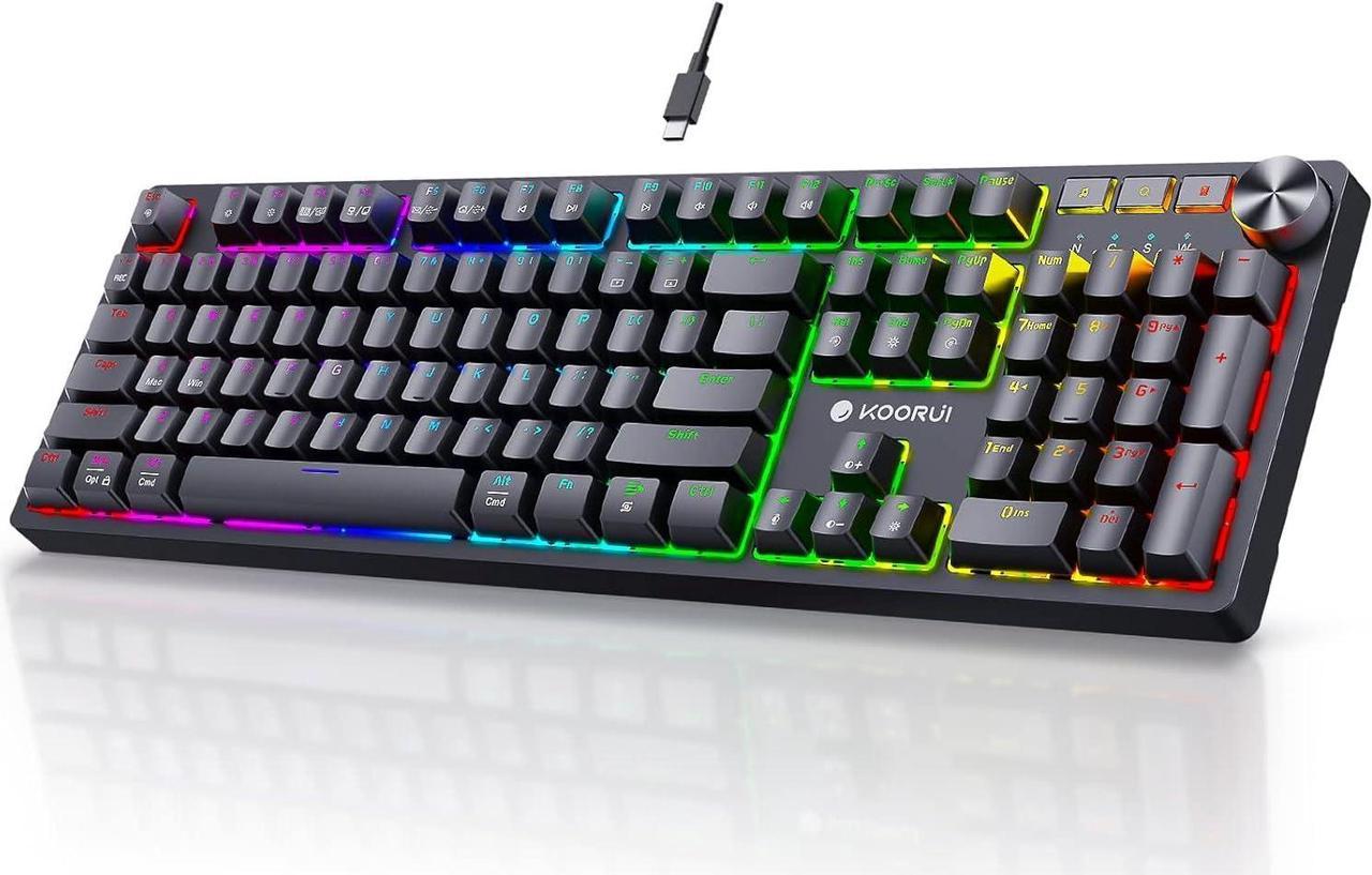 KOORUI Gaming Keyboards, 26 RGB Backlit Mechanical Keyboard Wired 104 Keys Full Size UK Layout with Red Switch Gamer Keyboards for Windows MacOS Linux