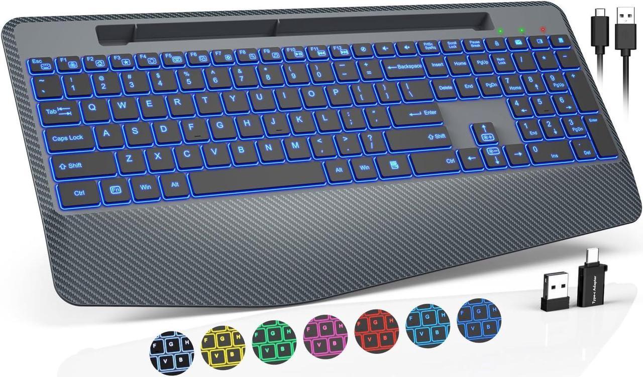 Wireless Keyboard with 7 Colored Backlits, Wrist Rest, Phone Holder, Rechargeable Ergonomic Computer Keyboard with Silent Keys, Full Size Lighted Keyboard for Windows, Mac, PC, Laptop (Gary)