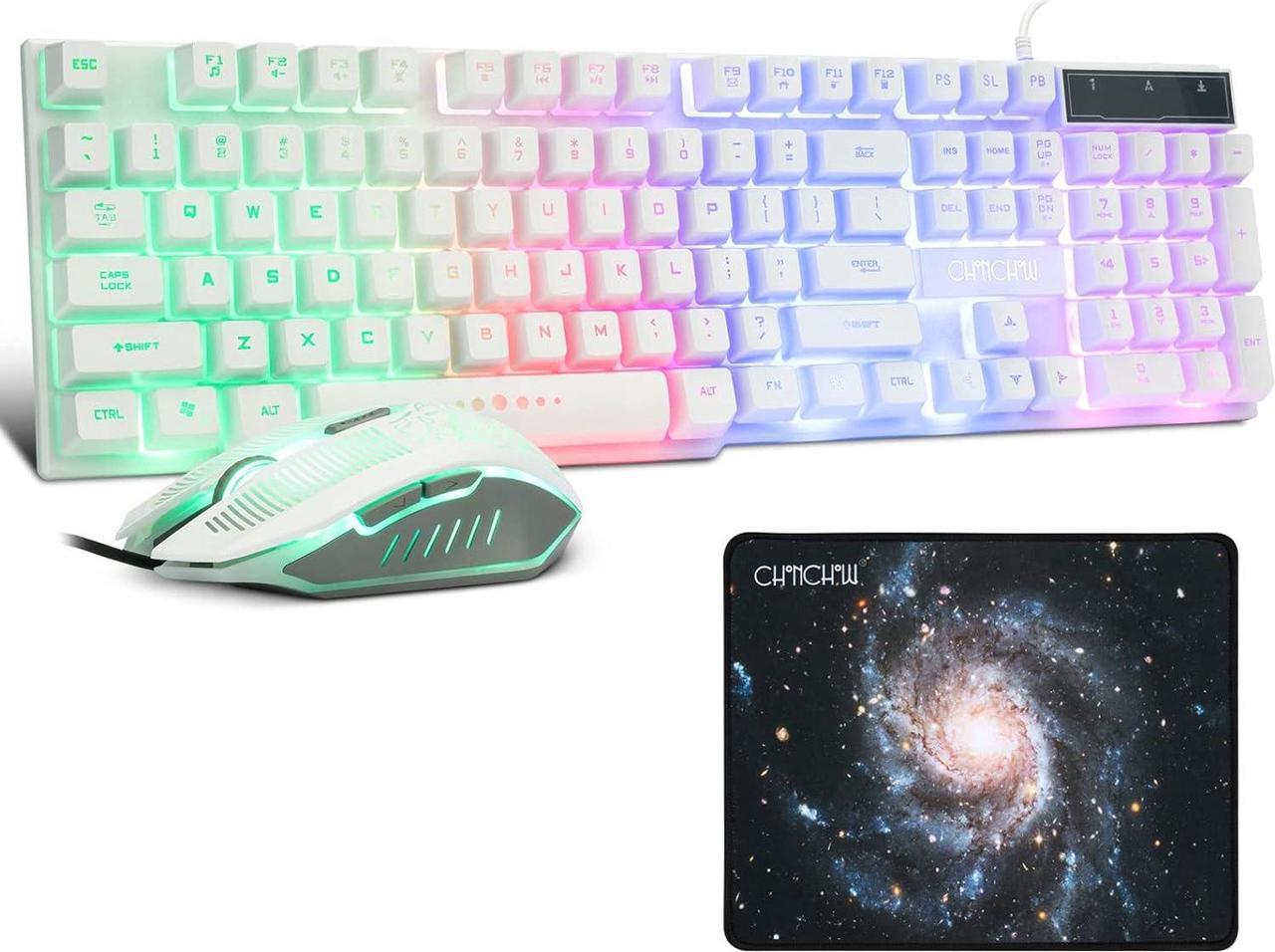 CHONCHOW Gaming Keyboard and Mouse Combo, LED Backlight Wired Rainbow Set Mechanical Feel Keyboard for PC Laptop Gaming and Work (White).