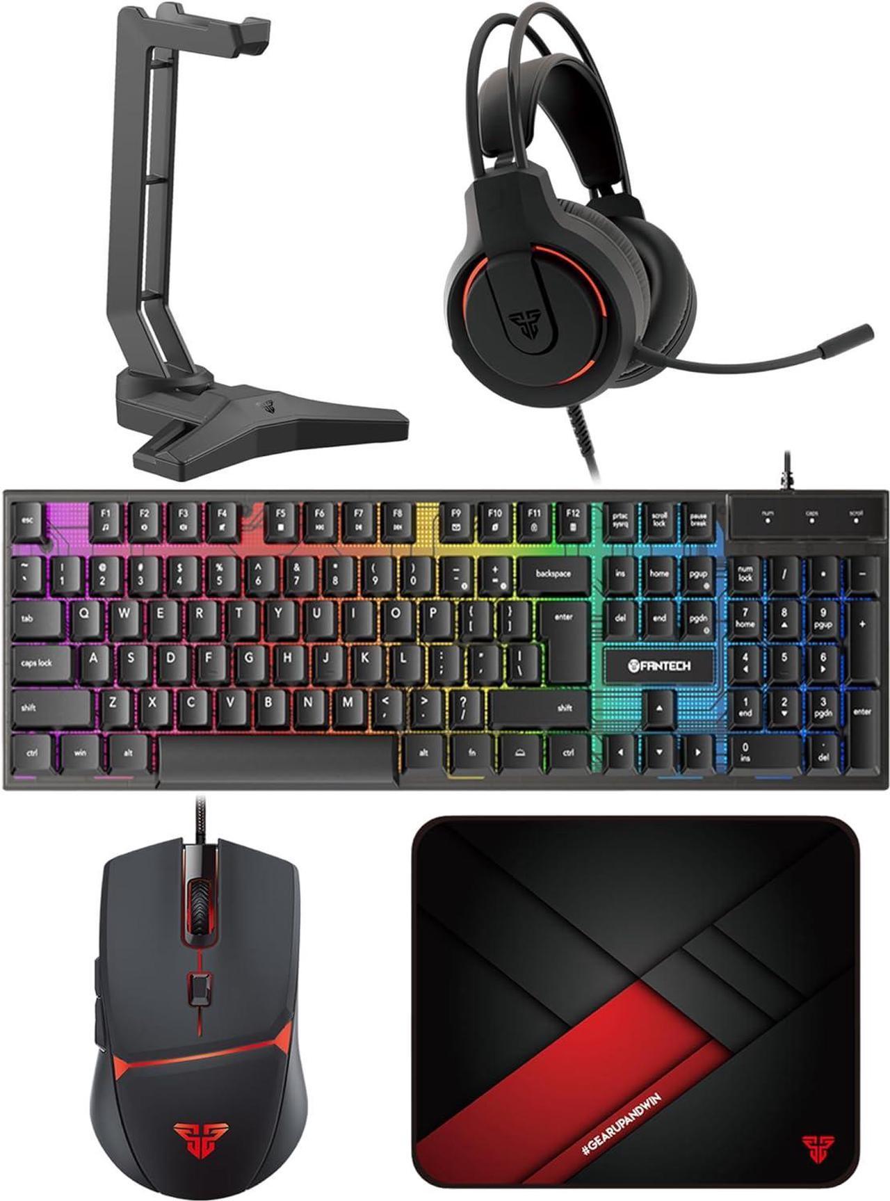 FANTECH P51S Gaming Keyboard and Mouse Combo, Gaming Headset and Headphone Stand Gaming Mouse Pad Wired RGB Rainbow Backlight PC Gamer Basic 5 in-1 Gaming Set (P51)