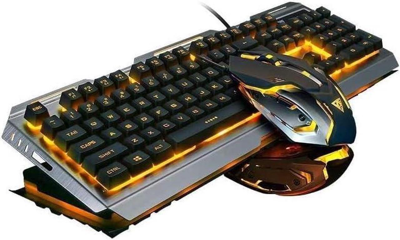 Iron Orange Yellow Gaming Keyboard Mouse Combo,104 Full Size Metallic Backlit Keyboard,LED Keyboard Color Change Lighted Keyboard,PC Computer USB Keyboard, Gamer Keyboard,for Prime Xbox One PS4 Gamer