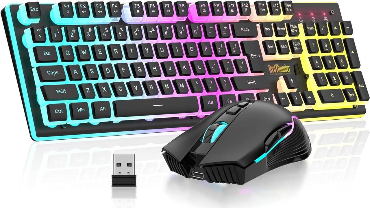 RedThunder K10 Wireless Gaming Keyboard and Mouse Combo, LED Backlit Rechargeable 3800mAh Battery, Mechanical Feel Anti-ghosting Keyboard with Pudding Keycaps + 7D 3200DPI Mice for PC Gamer (Black)