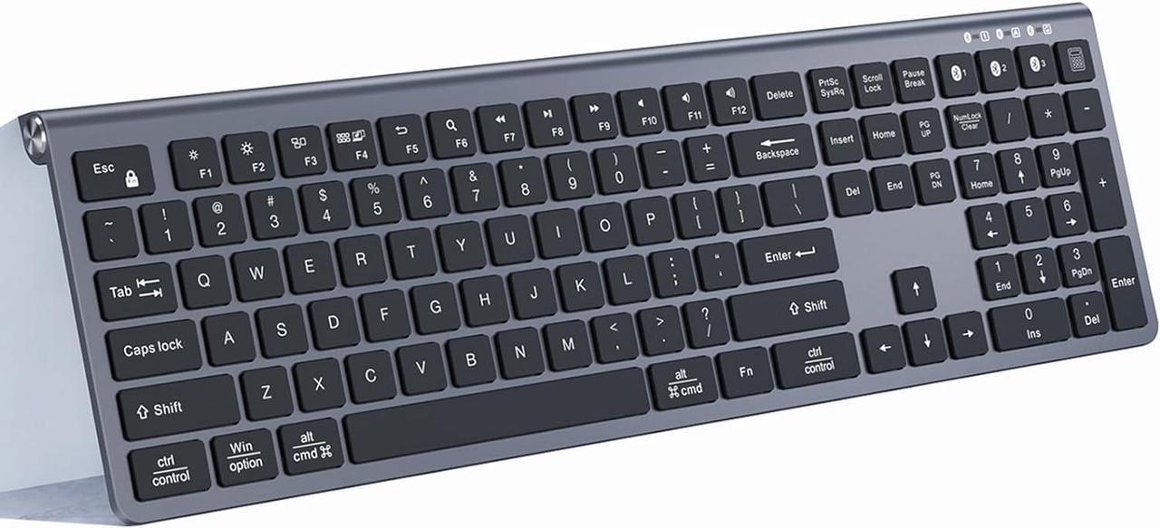 Lekvey Multi Device Bluetooth Keyboard, Rechargeable Wireless Keyboard, 3-in-1 Slim Keyboard with Number Pad, Full Size Keyboard for Mac, MacBook Air/Pro, iPad, Windows Tablet Laptop, Space Grey