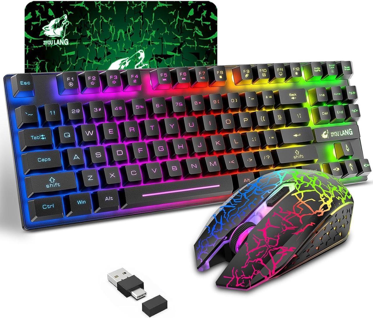 Wireless Gaming Keyboard and Mouse Combo with 87 Key Rainbow LED Backlight Rechargeable 3800mAh Battery Mechanical Feel Anti-ghosting Ergonomic Waterproof RGB Mute Mice for Computer PC Gamer (Black)